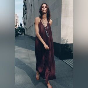Zara Plum Burgundy Maxi Dress elegant casual flowy satin effect bohemian